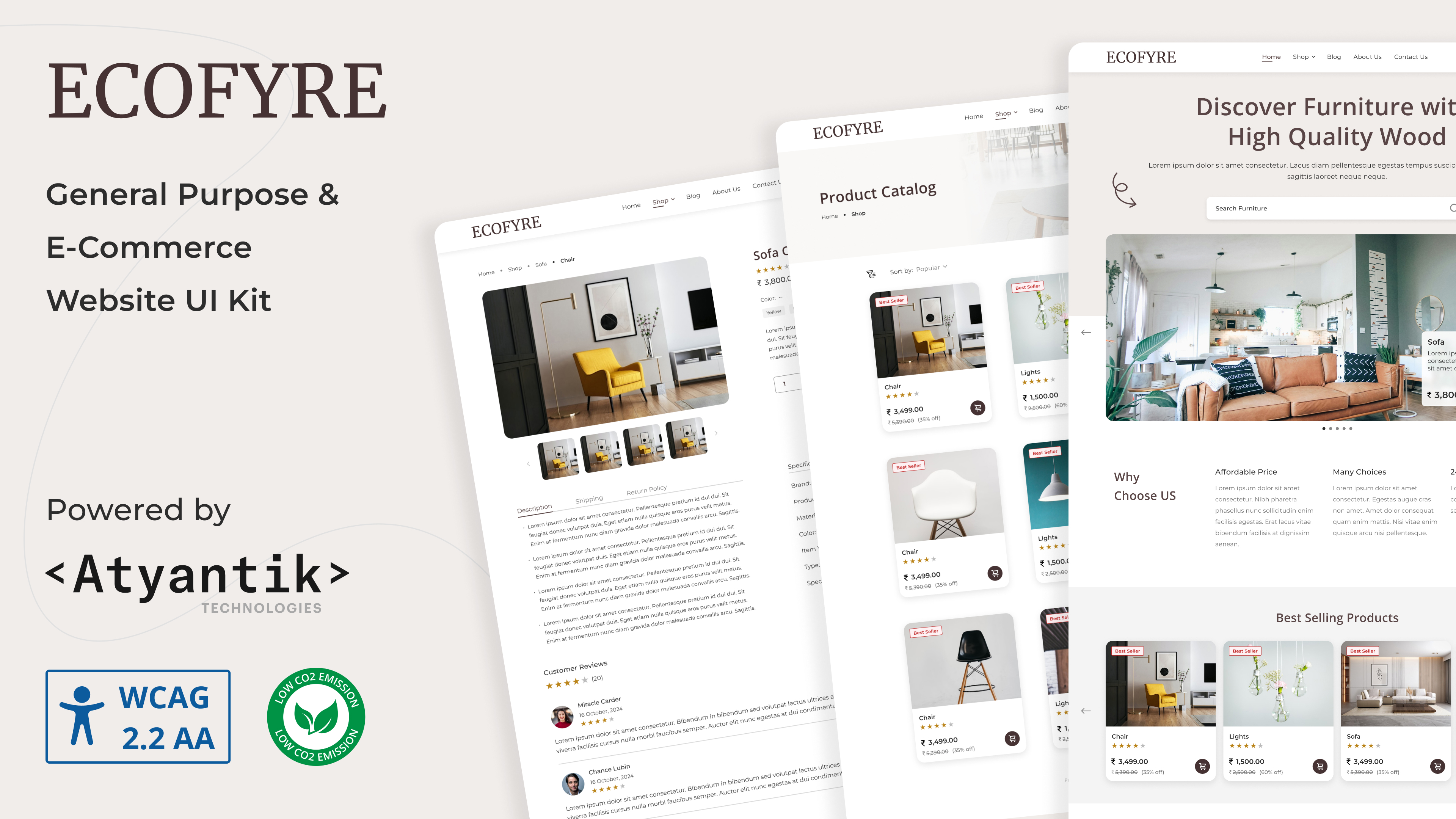 Ecofyre General Purpose & E-Commerce Website UI Kit powered by Atyantik Technologies, featuring WCAG 2.2 AA accessibility compliance and a low carbon emission focus. The cover image highlights Ecofyre's accessible and sustainable design for modern websites.